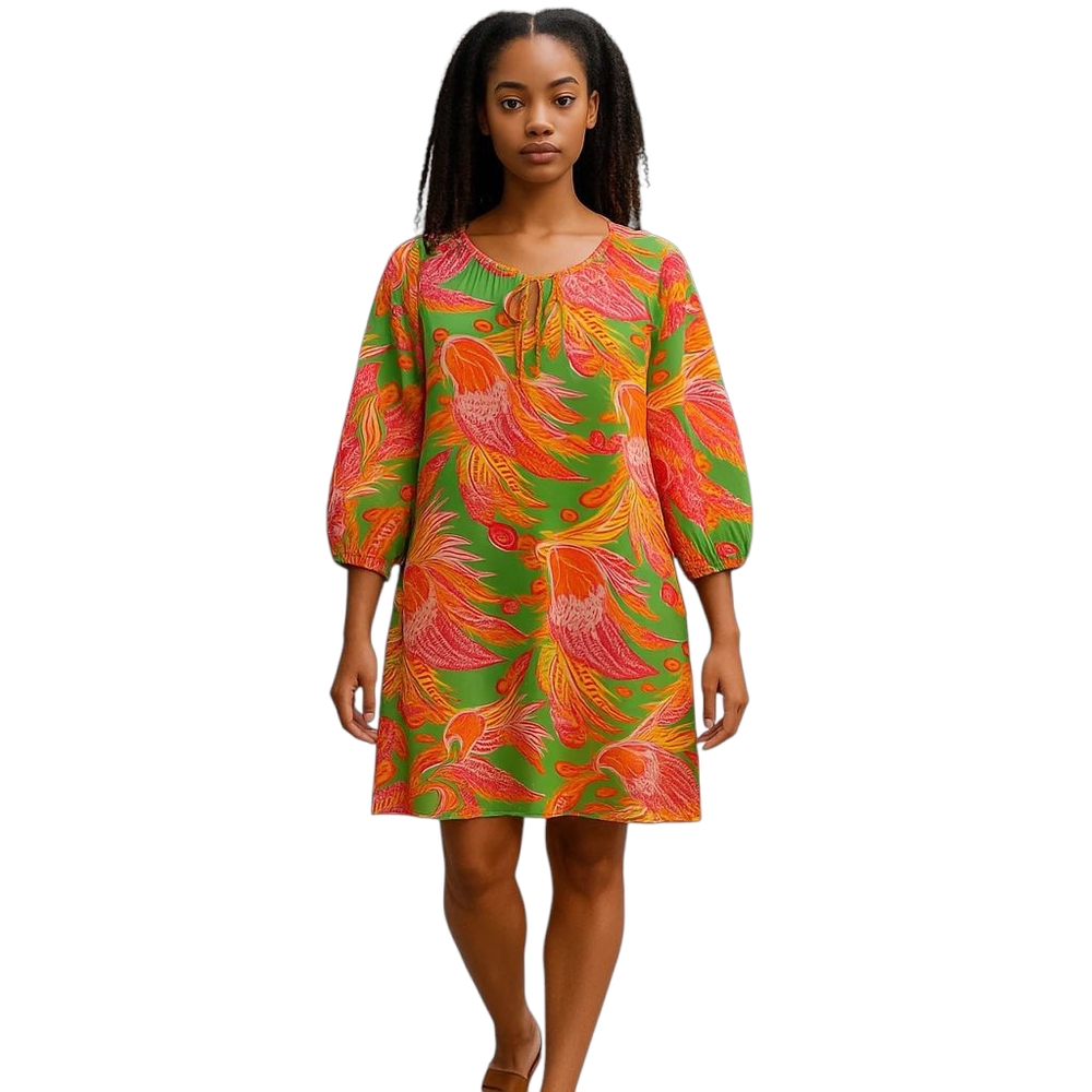 Bohee Wohee Tropical Dress Womens XL Bright Feather Print Vneck Knee Length